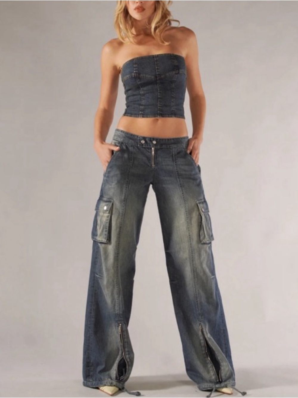 REVICE Distressed Blue Straight-Leg Cargo Jeans